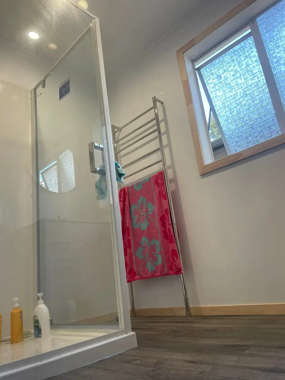 Renovated bathroom with glass shower and heated towel rail