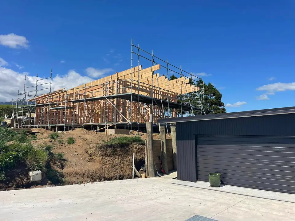Timber framing going up on a new build near the Taranaki coast