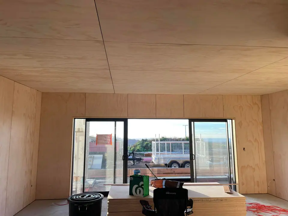 Plywood-lined interior with sliding doors in a new building